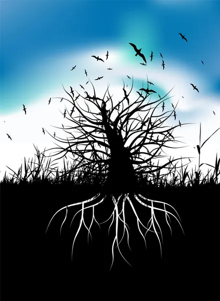 Trädsiluett med rötter — Stock vektor