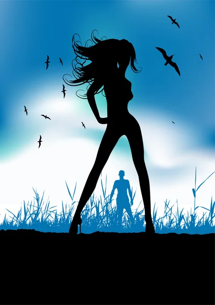 Pretty woman silhouette on nature, man on background — Stock Vector
