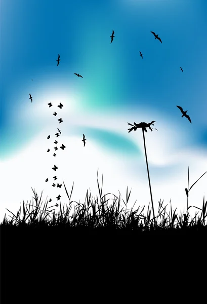 Summer meadow and birds in sky, black silhouette — Stock Vector