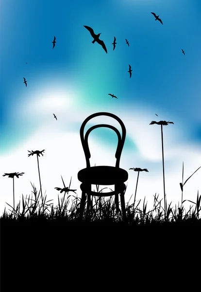 Chair on meadow summer, black silhouette — Stock Vector
