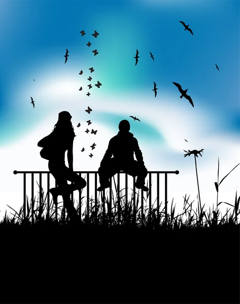 Αγόρι και κορίτσι κάθεται στο φράχτη υπαίθρια, καλοκαίρι Λιβάδι — Διανυσματικό Αρχείο