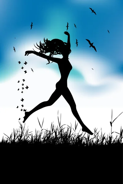 Mujer joven corriendo en el prado de verano — Vector de stock