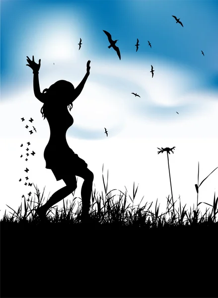 Jeune femme dansant sur la prairie d'été — Image vectorielle