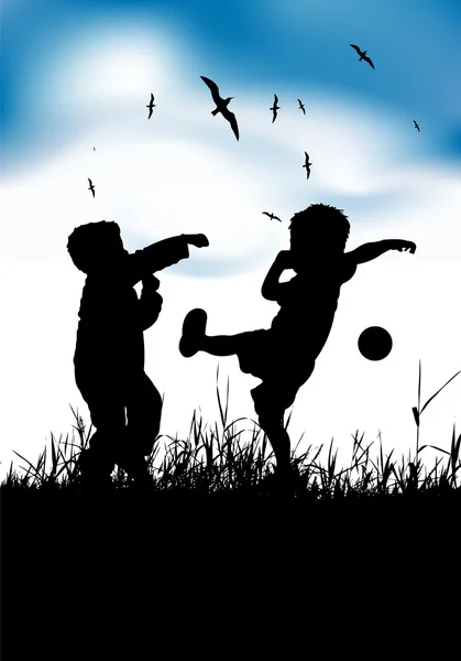 Små pojkar leker med boll på fältet — Stock vektor