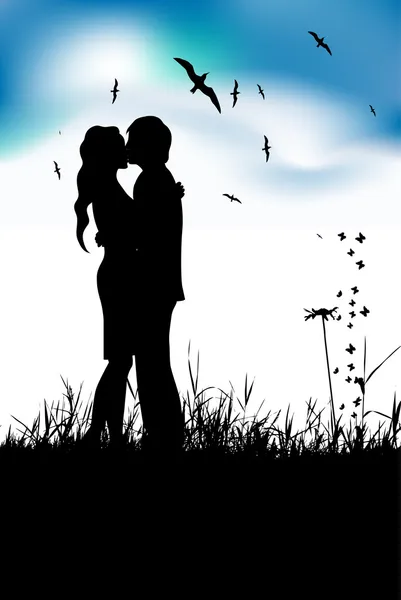 Пара поцелуев на летнем лугу — стоковый вектор