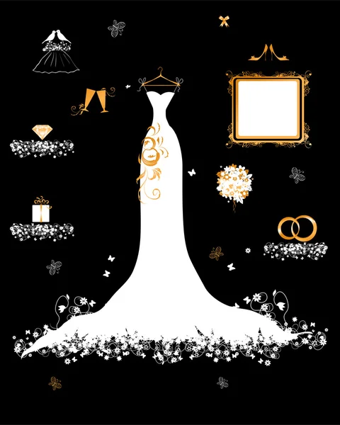 Tienda de bodas, vestido blanco y accesorio — Vector de stock