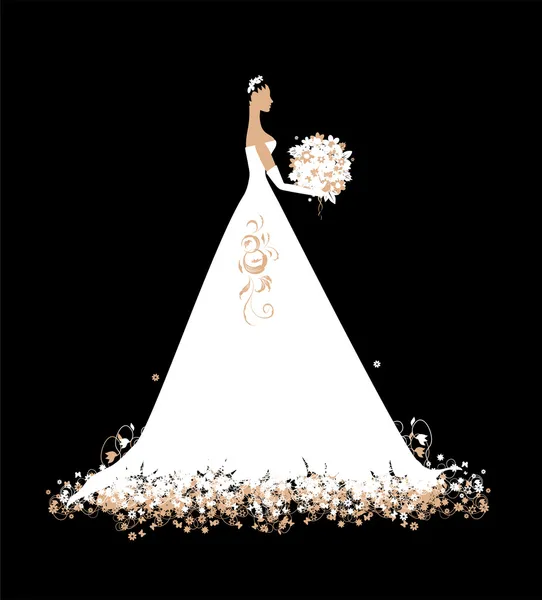 Bride in wedding dress white with bouquet — Stock Vector