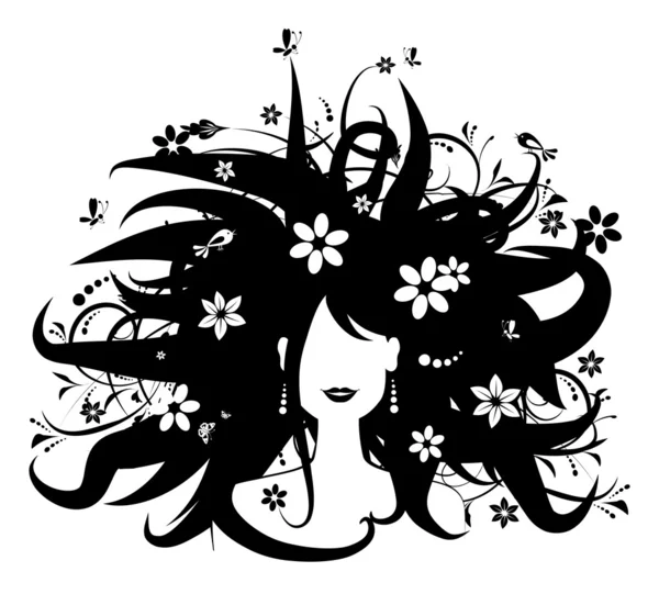 花卉的发型，女人剪影 — 图库矢量图片