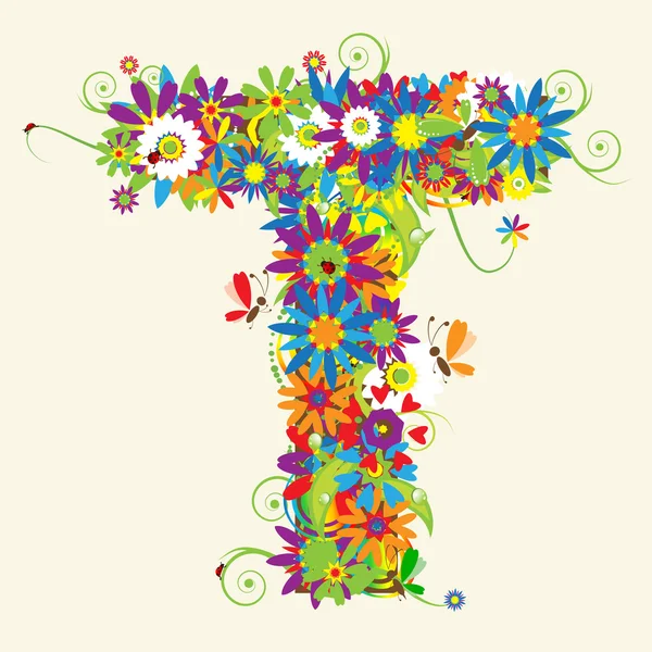 Lettre T, motif floral . — Image vectorielle