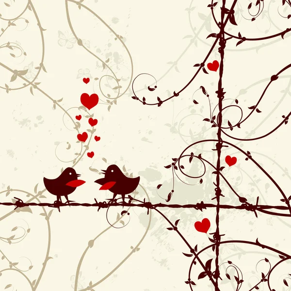 Amor, pájaros besándose en la rama — Vector de stock