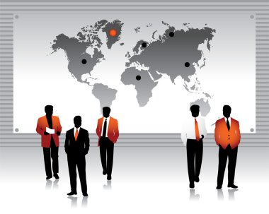 Business peoples silhouettes, world map clipart