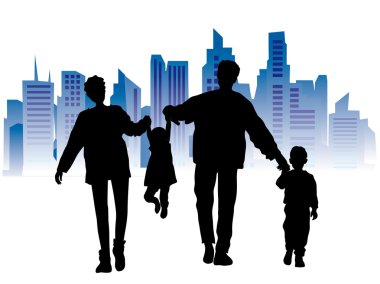 Happy family on a background of city, black silhouette clipart