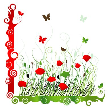 Background with green grass ang red poppie isolated on white clipart