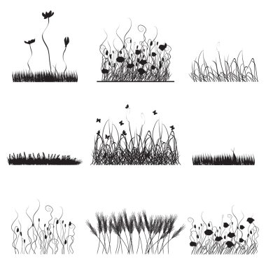 Silhouettes of grass, flowers and butterflies clipart