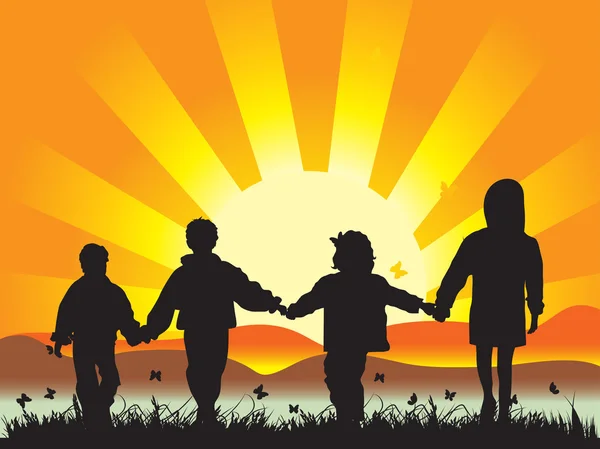 Heureux les enfants marchent sur la prairie ayant joint les mains — Image vectorielle