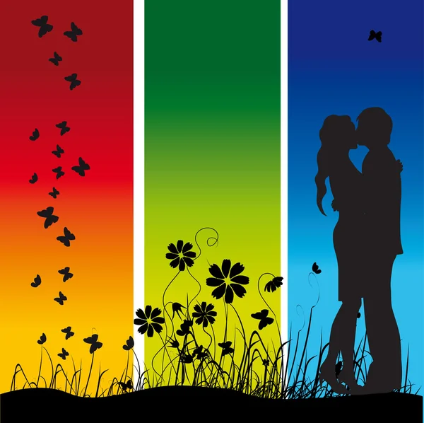 En草原、黒いシルエットのカップルをキスします。 — ストックベクタ