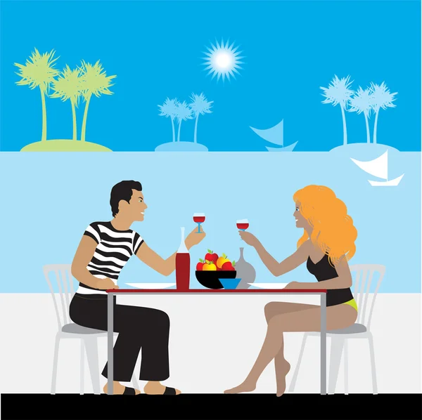 Couple dans un café sur une plage — Image vectorielle