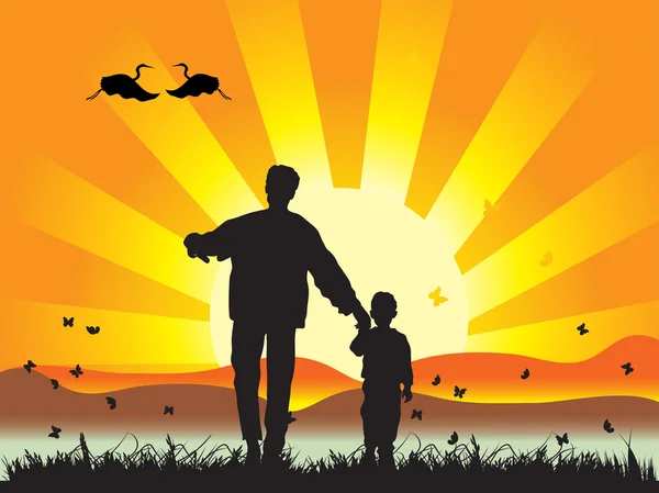 幸せな家族は自然の中を歩く、日没 — ストックベクタ