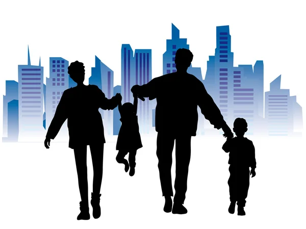 Mutlu aile arka plan üzerinde siyah şehir silueti — Stok Vektör