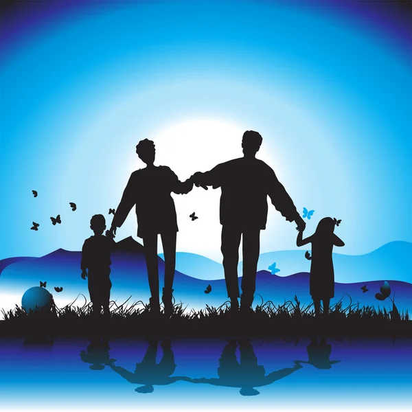 Happy family walks on nature, sunset — Stock Vector