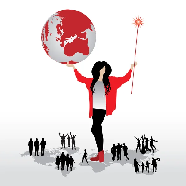 Vrouw met globe, silhouetten van op woord kaart — Stockvector