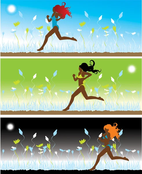 A menina de biquíni corre em uma grama, 3 ilustrações —  Vetores de Stock