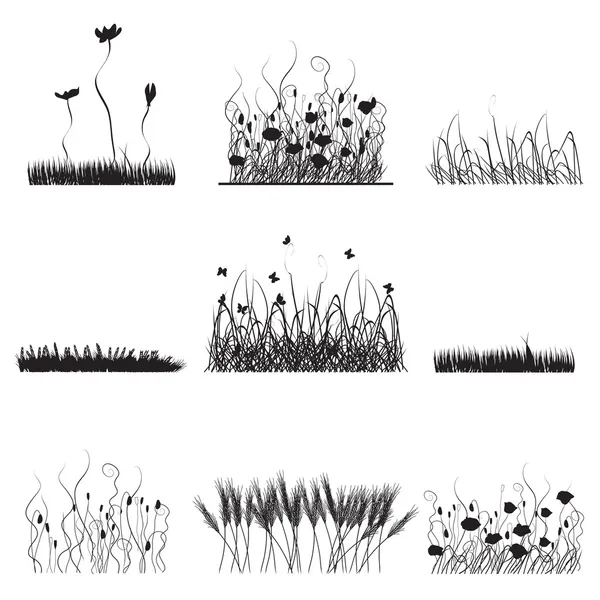 Silhouettes d'herbe, de fleurs et de papillons — Image vectorielle