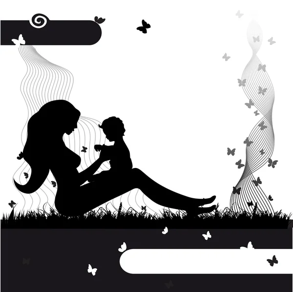 Mother with baby on the nature, black silhouette — Stock Vector