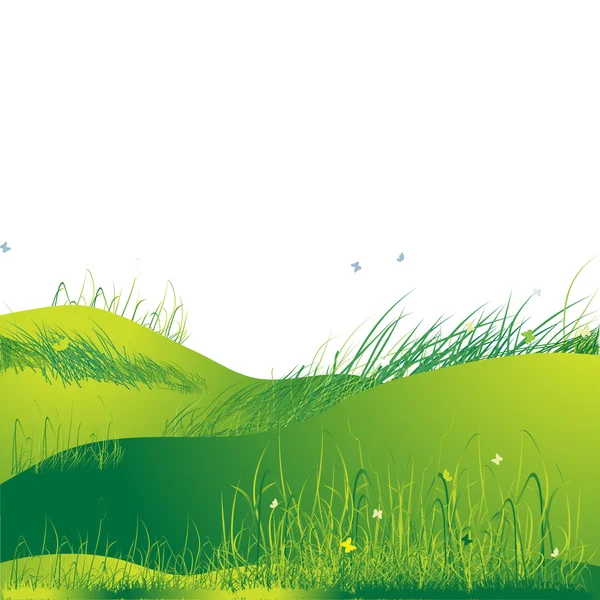 Pradera verde, verano, hierba y mariposas — Vector de stock
