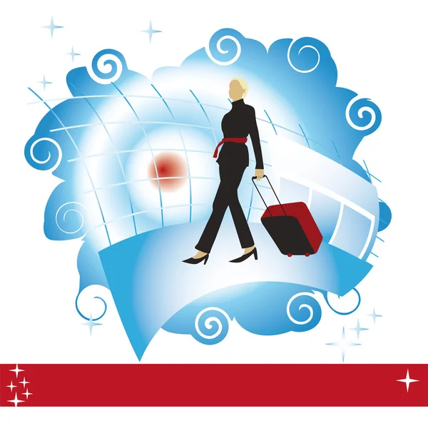 Donna con valigia in aeroporto, posto per il tuo testo — Vettoriale Stock