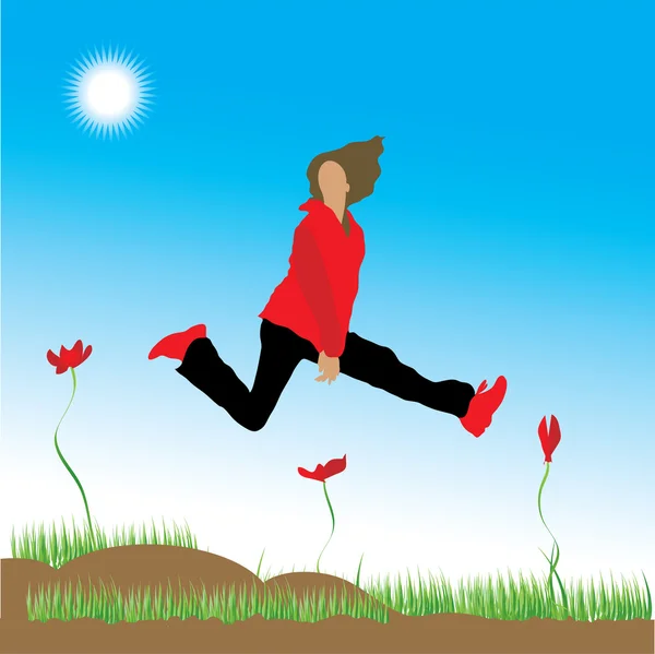 The woman runs on a flower meadow — Stock Vector