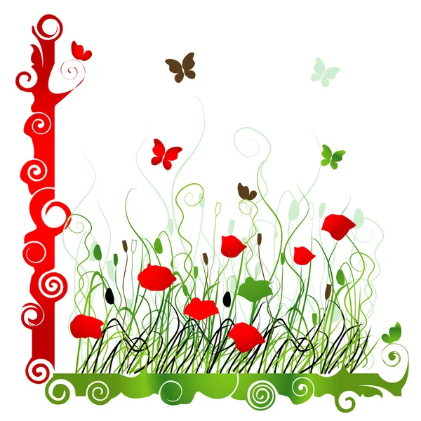 Achtergrond met groene gras ang rode poppie geïsoleerd op wit — Stockvector