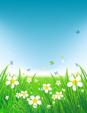 Green field with butterflies, summer background clipart