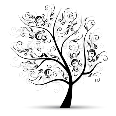 Art tree beautiful, black silhouette clipart