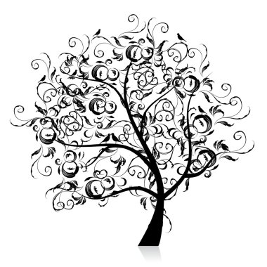 Art tree beautiful, black silhouette clipart