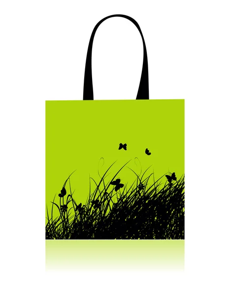 Alışveriş torbası tasarım, çim ve kelebekler — Stok Vektör