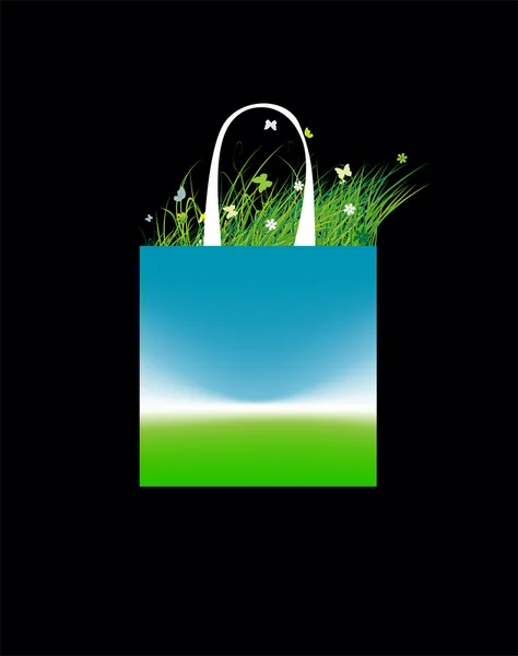 Design de saco de compras, campo verde e céu — Vetor de Stock