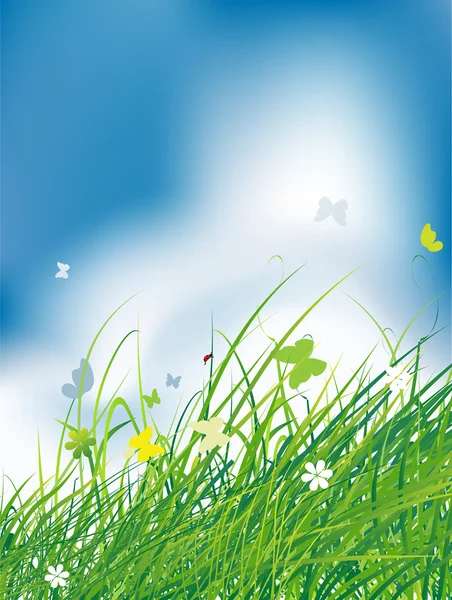 绿地，有蝴蝶，夏天背景 — 图库矢量图片