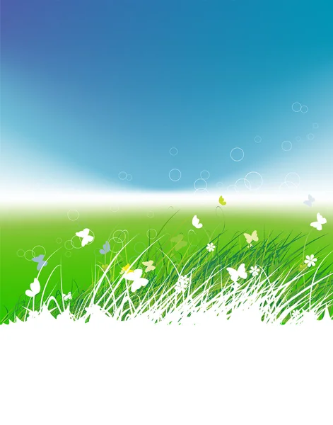Zelené pole s motýly, letní zázemí — Stockový vektor