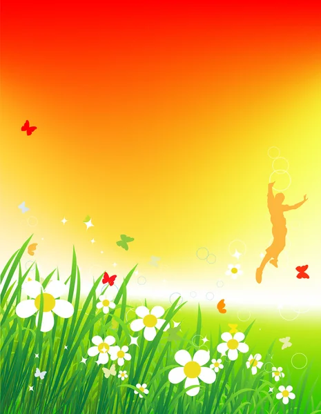 Coucher de soleil sur champ vert, fond d'été — Image vectorielle