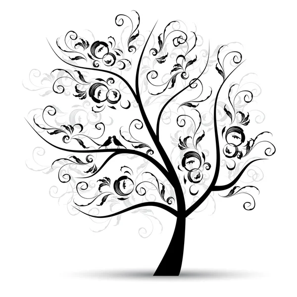 Καλλιτεχνικό δέντρο όμορφη, μαύρη σιλουέτα — Διανυσματικό Αρχείο