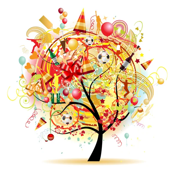 Ευτυχή εορτασμό, αστεία δέντρο με σύμβολα διακοπές — Διανυσματικό Αρχείο