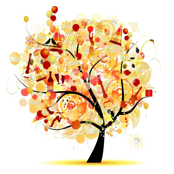 Feliz celebración, árbol divertido con símbolos navideños — Vector de stock