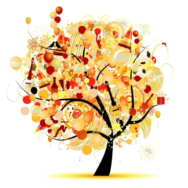 Fröhliche Feier, lustiger Baum mit Feiertagssymbolen lizenzfreie Stockvektoren