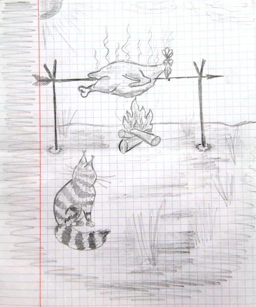 Roast chicken and cat, illustration