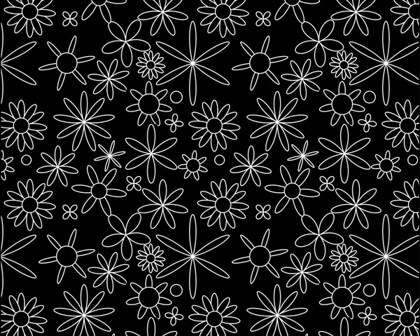Weiß auf schwarzem, nahtlosem Blumenmuster — Stockvektor