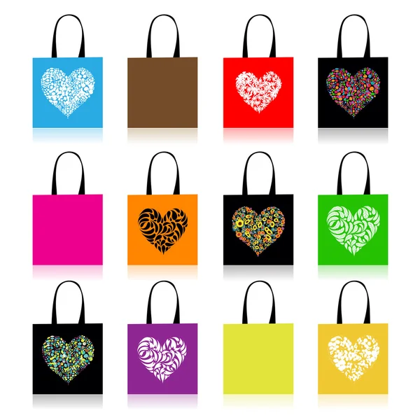 Diseño de bolsas de compras, forma de corazón floral — Archivo Imágenes Vectoriales