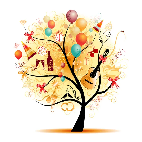 Feliz celebración, árbol divertido con símbolos navideños — Vector de stock