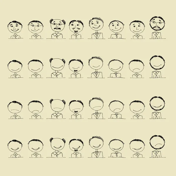 Collection of smile icons, faces of men — Stock Vector