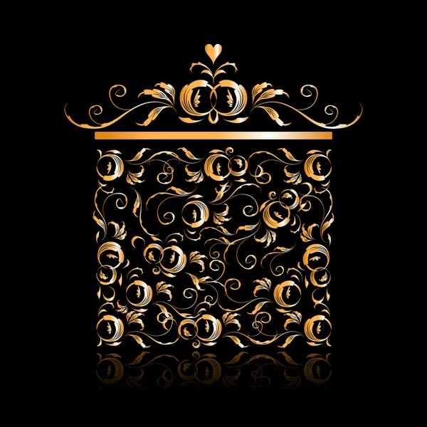 Goldene Geschenkbox stilisiertes, florales Ornament-Design — Stockvektor